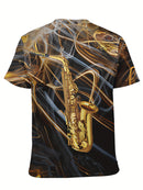 Camiseta masculina com estampa gráfica de instrumentos, manga curta, gola redonda, roupa masculina para atividades ao ar livre