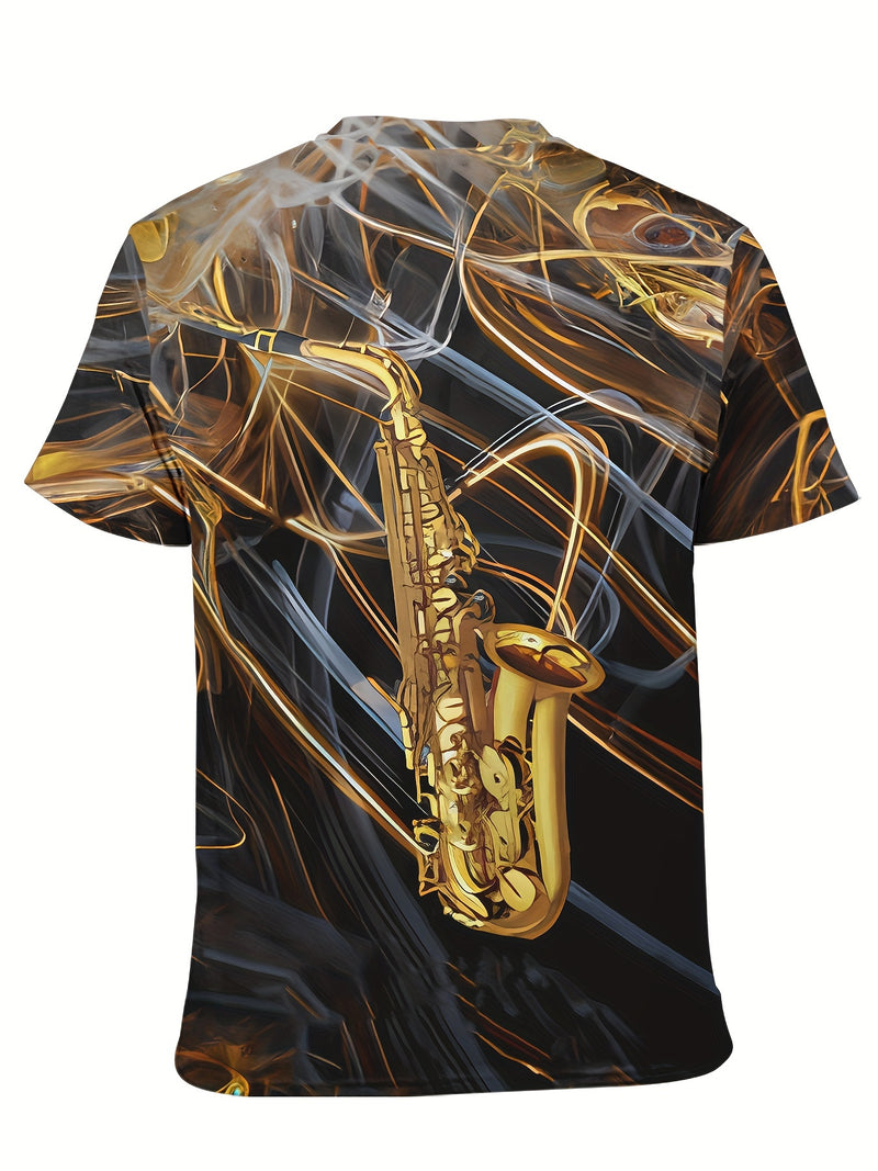 Camiseta masculina com estampa gráfica de instrumentos, manga curta, gola redonda, roupa masculina para atividades ao ar livre