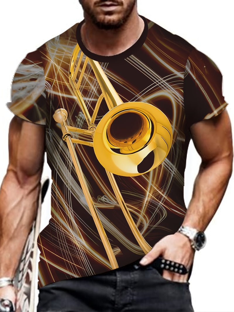 Camiseta masculina com estampa gráfica de instrumentos, manga curta, gola redonda, roupa masculina para atividades ao ar livre