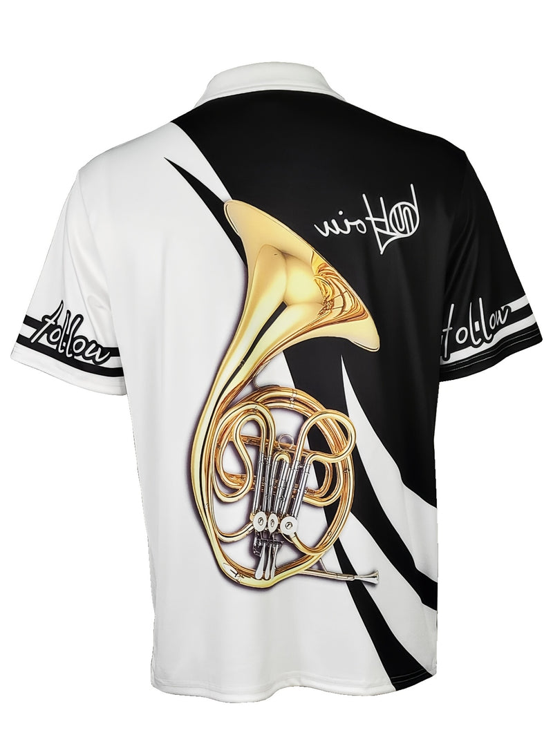 Camisa masculina de manga curta com zíper, padrão de instrumento musical, camisa masculina moderna para esportes de golfe, presente para homem