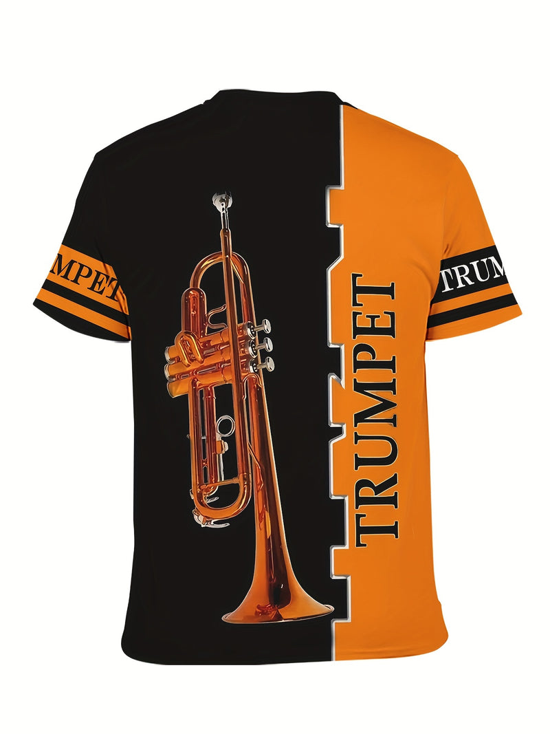 Camiseta Com Design Dividido Em Preto E Laranja, Com Impressão 3D De Instrumento Musical Masculino, Para Amantes De Trompete, Com Gola Redonda E Mangas Curtas, Ideal Para O Verão Ao Ar Livre.