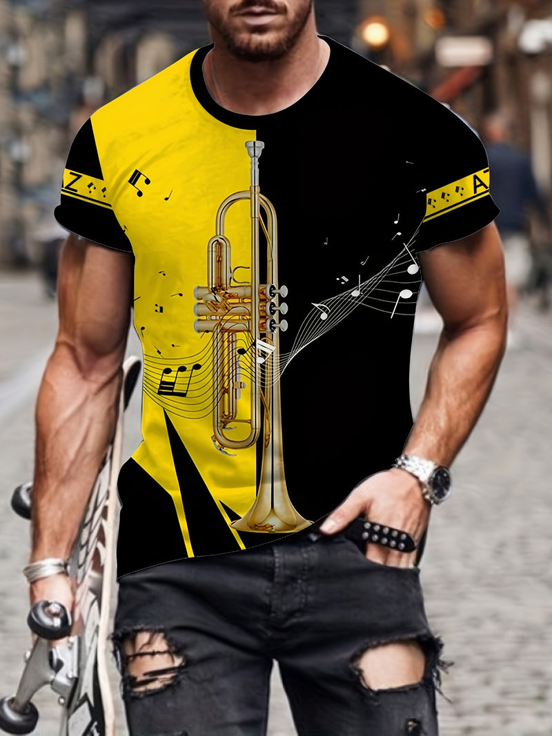 Camiseta casual e estilosa de manga curta com padrão de bloco de cores contrastantes em 3D e desenho de um trompete 🎺