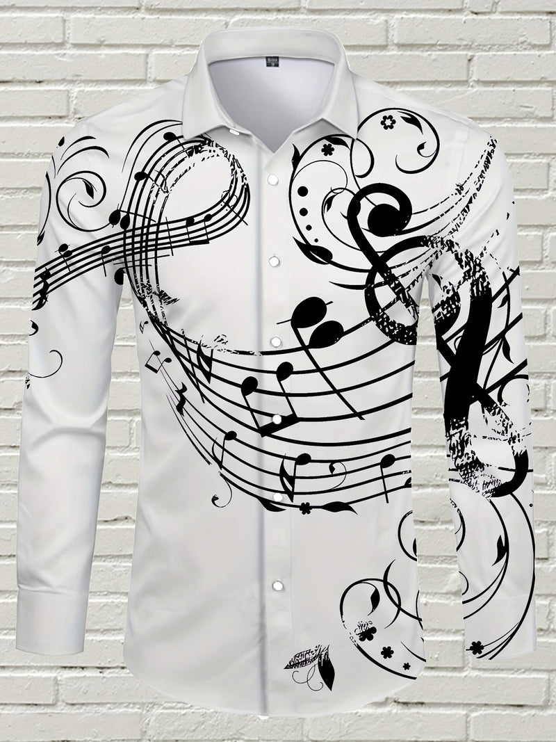 Camisa De Botão De Manga Longa Estilosa Para Homens Com Estampa De Notas Musicais, Ideal Para Primavera E Outono Ao Ar Livre.