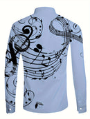 Camisa De Botão De Manga Longa Estilosa Para Homens Com Estampa De Notas Musicais, Ideal Para Primavera E Outono Ao Ar Livre.