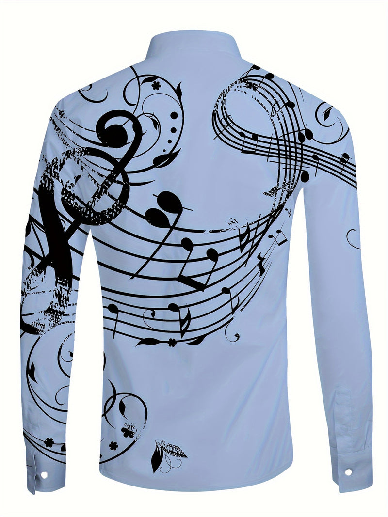 Camisa De Botão De Manga Longa Estilosa Para Homens Com Estampa De Notas Musicais, Ideal Para Primavera E Outono Ao Ar Livre.