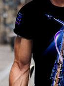 Camiseta estilosa com padrão digital 3D de saxofone para homens, gola redonda e mangas curtas, tops elegantes e modernos para usar ao ar livre no verão
