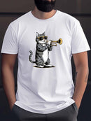 Camiseta casual de manga curta de verão para homens, estampa de gato fofo tocando trompete, decote redondo, ajuste confortável e simples, parte superior versátil para uso diário ao ar livre