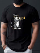 Camiseta casual de manga curta de verão para homens, estampa de gato fofo tocando trompete, decote redondo, ajuste confortável e simples, parte superior versátil para uso diário ao ar livre