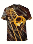 Camiseta masculina com estampa gráfica de instrumentos, manga curta, gola redonda, roupa masculina para atividades ao ar livre