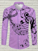 Camisa De Botão De Manga Longa Estilosa Para Homens Com Estampa De Notas Musicais, Ideal Para Primavera E Outono Ao Ar Livre.