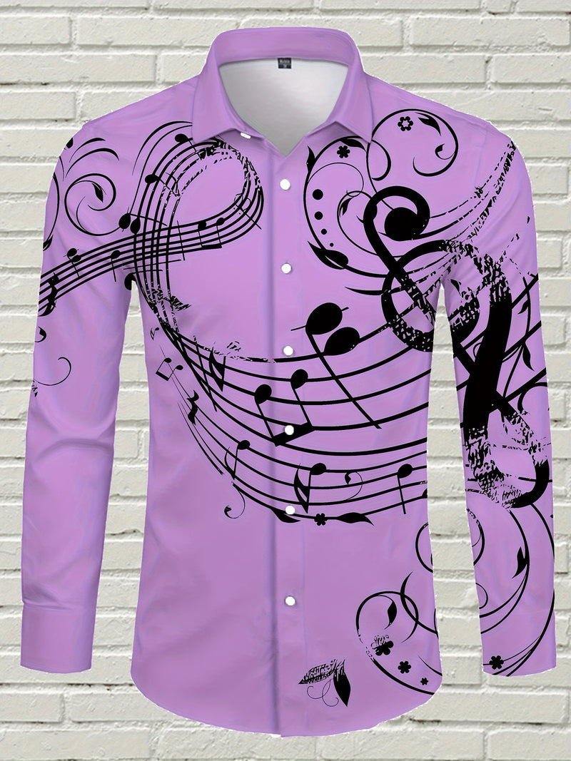 Camisa De Botão De Manga Longa Estilosa Para Homens Com Estampa De Notas Musicais, Ideal Para Primavera E Outono Ao Ar Livre.