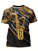 Camiseta masculina com estampa gráfica de instrumentos, manga curta, gola redonda, roupa masculina para atividades ao ar livre