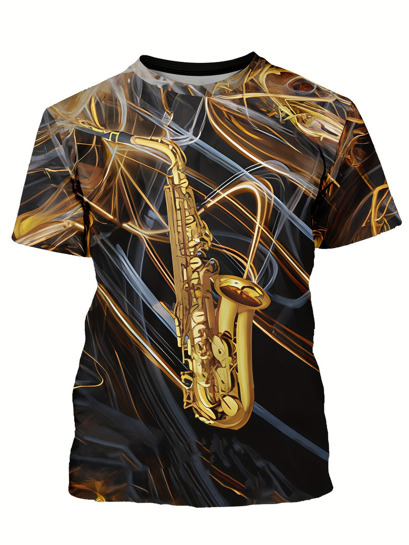 Camiseta masculina com estampa gráfica de instrumentos, manga curta, gola redonda, roupa masculina para atividades ao ar livre