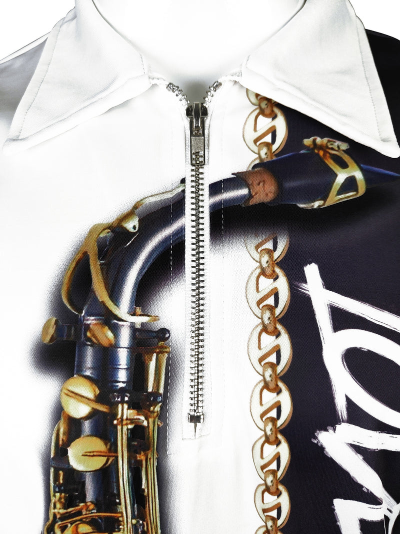 Estampa padrão de saxofone, camisetas gráficas com zíper e mangas curtas casuais para homens, tops com gola lapela e pulôveres, roupas masculinas para o verão