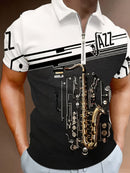 Camisetas gráficas com zíper de mangas curtas casuais para homens, com elementos musicais, gola lapela, blusas de pulôver, roupas masculinas para o verão