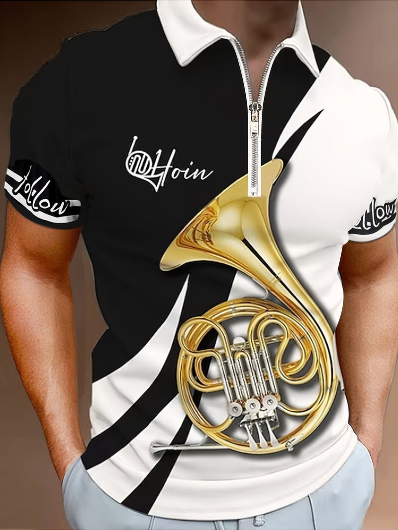 Camisa masculina de manga curta com zíper, padrão de instrumento musical, camisa masculina moderna para esportes de golfe, presente para homem