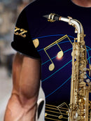 Camiseta masculina com estampa de saxofone digital 3D e notas musicais, gola redonda e mangas curtas, peça inovadora e moderna para homens, tops elegantes para lazer ao ar livre no verão