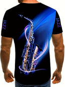 Camiseta estilosa com padrão digital 3D de saxofone para homens, gola redonda e mangas curtas, tops elegantes e modernos para usar ao ar livre no verão