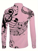 Camisa De Botão De Manga Longa Estilosa Para Homens Com Estampa De Notas Musicais, Ideal Para Primavera E Outono Ao Ar Livre.