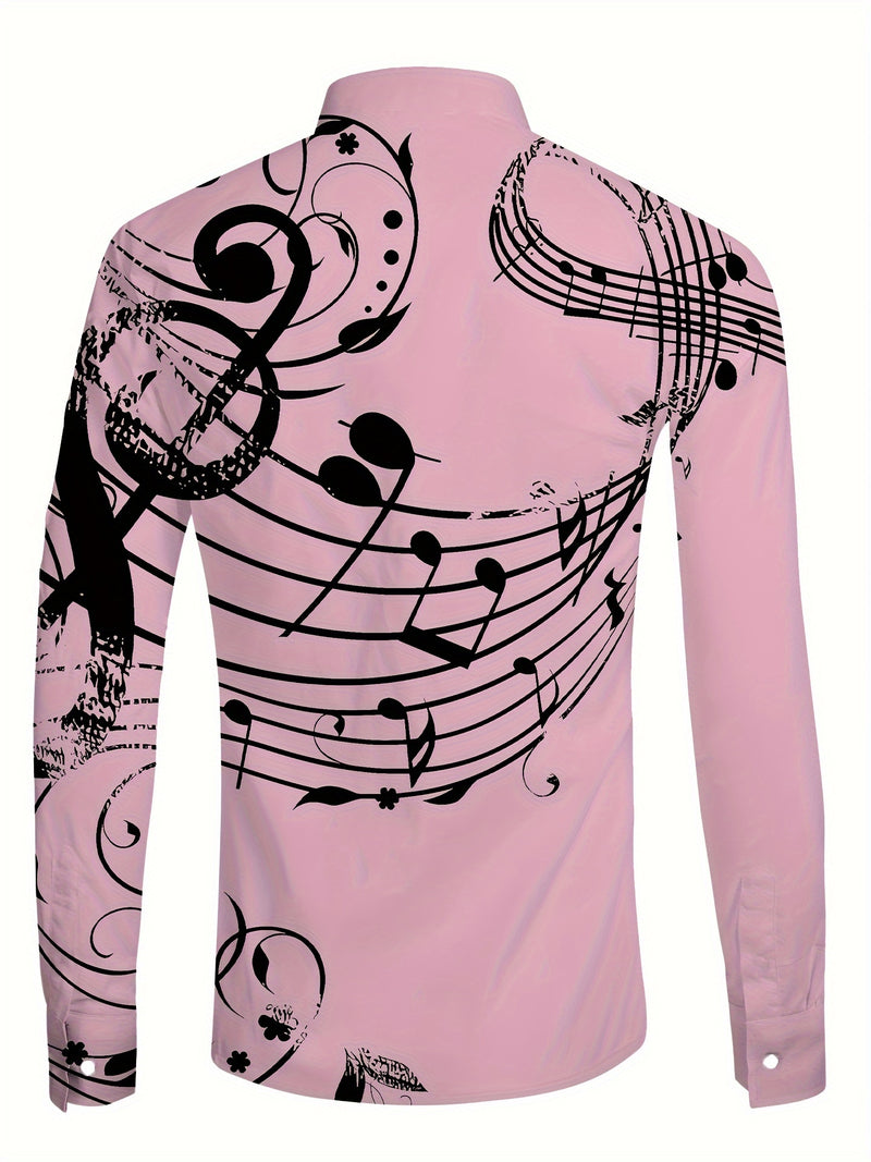 Camisa De Botão De Manga Longa Estilosa Para Homens Com Estampa De Notas Musicais, Ideal Para Primavera E Outono Ao Ar Livre.