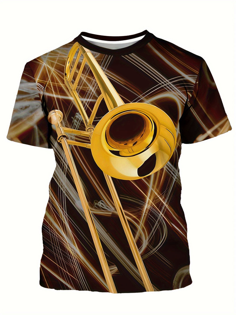 Camiseta masculina com estampa gráfica de instrumentos, manga curta, gola redonda, roupa masculina para atividades ao ar livre