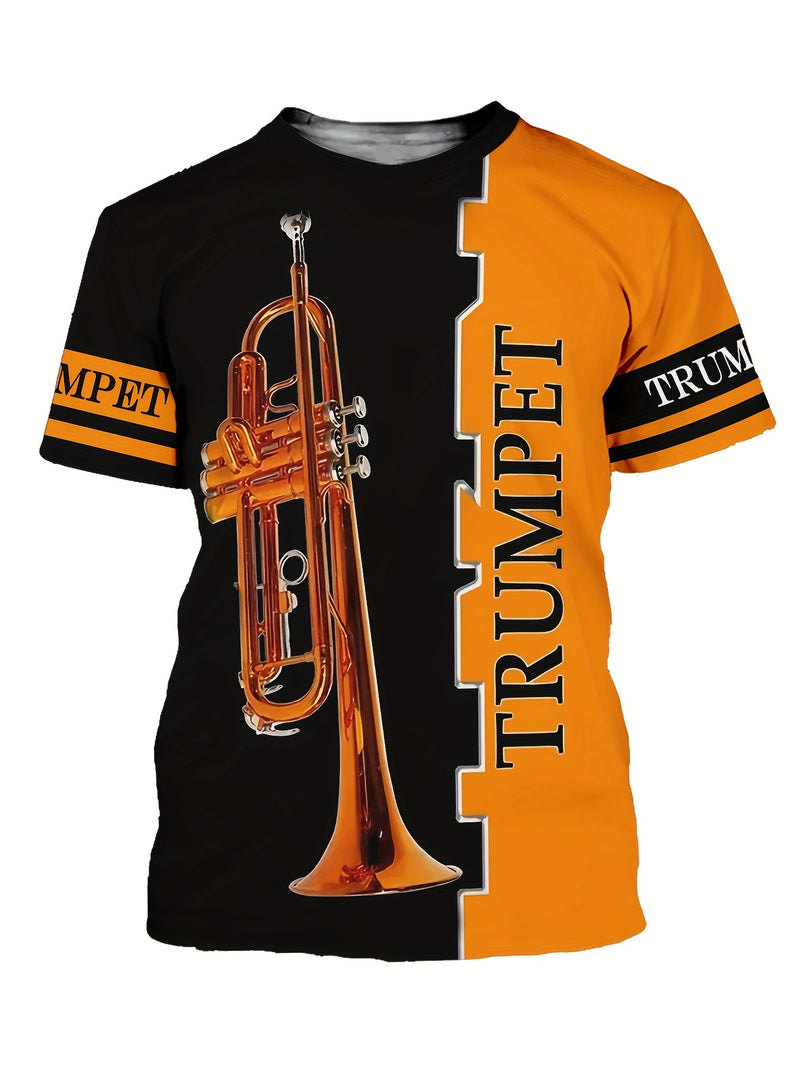 Camiseta Com Design Dividido Em Preto E Laranja, Com Impressão 3D De Instrumento Musical Masculino, Para Amantes De Trompete, Com Gola Redonda E Mangas Curtas, Ideal Para O Verão Ao Ar Livre.