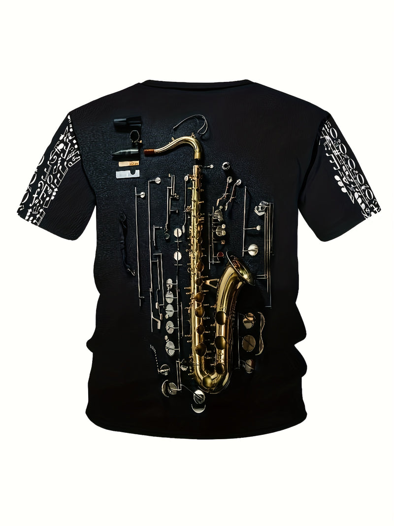 Camiseta masculina com estampa gráfica de instrumentos, manga curta, gola redonda, roupa masculina para atividades ao ar livre