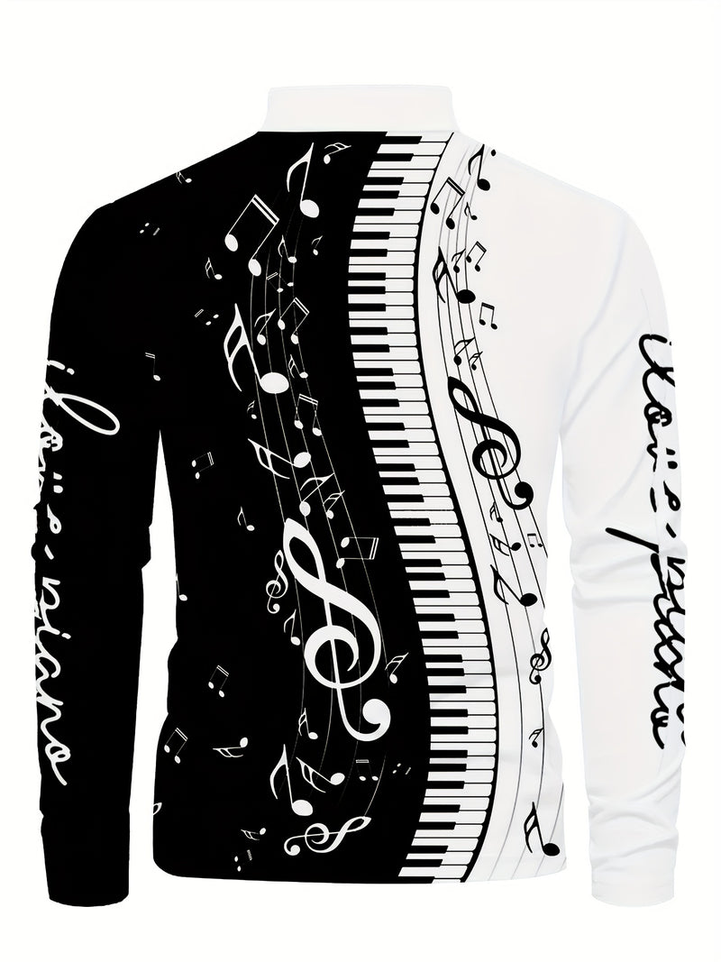 Camisa de negócios de golfe com estampa de teclado de piano para homens de tamanho grande, ajuste elegante, manga longa para outono/inverno, roupas masculinas