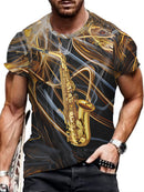 Camiseta masculina com estampa gráfica de instrumentos, manga curta, gola redonda, roupa masculina para atividades ao ar livre