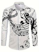 Camisa De Botão De Manga Longa Estilosa Para Homens Com Estampa De Notas Musicais, Ideal Para Primavera E Outono Ao Ar Livre.
