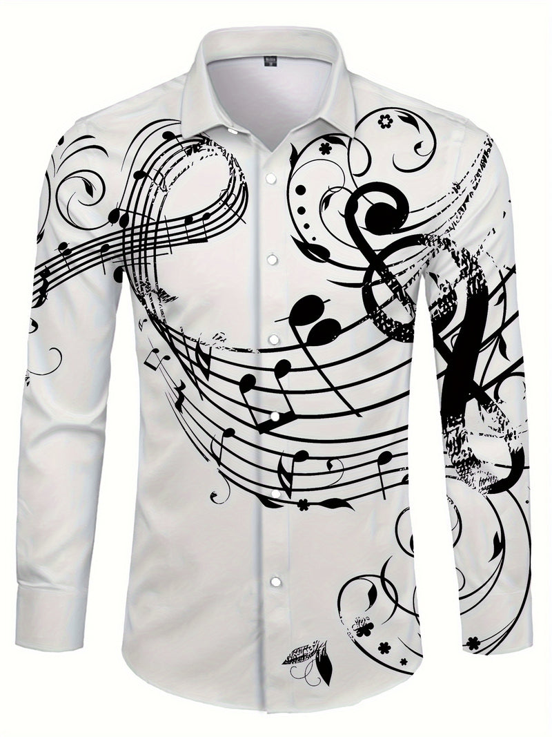 Camisa De Botão De Manga Longa Estilosa Para Homens Com Estampa De Notas Musicais, Ideal Para Primavera E Outono Ao Ar Livre.