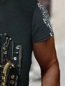 Camiseta masculina com estampa gráfica de instrumentos, manga curta, gola redonda, roupa masculina para atividades ao ar livre