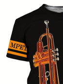 Camiseta Com Design Dividido Em Preto E Laranja, Com Impressão 3D De Instrumento Musical Masculino, Para Amantes De Trompete, Com Gola Redonda E Mangas Curtas, Ideal Para O Verão Ao Ar Livre.