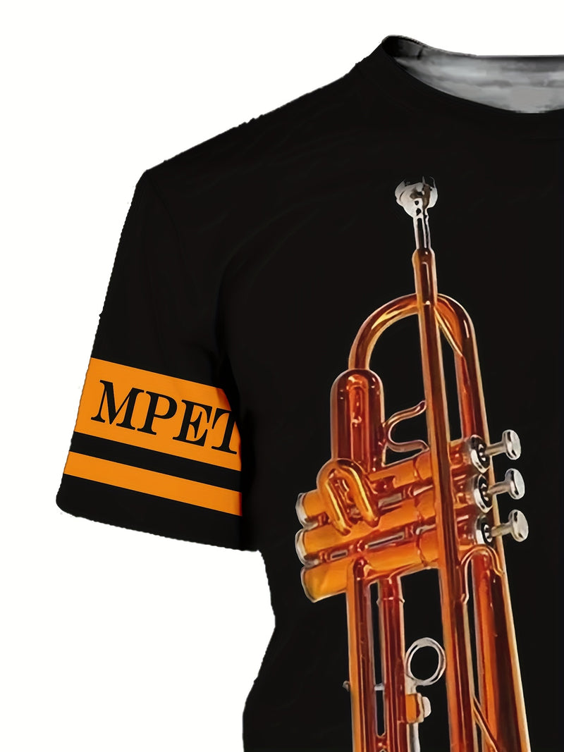 Camiseta Com Design Dividido Em Preto E Laranja, Com Impressão 3D De Instrumento Musical Masculino, Para Amantes De Trompete, Com Gola Redonda E Mangas Curtas, Ideal Para O Verão Ao Ar Livre.