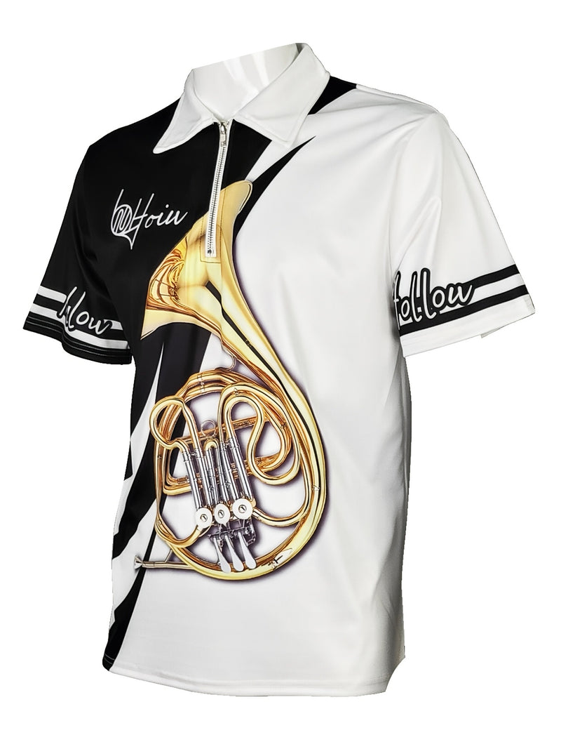 Camisa masculina de manga curta com zíper, padrão de instrumento musical, camisa masculina moderna para esportes de golfe, presente para homem