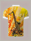 Camiseta de golfe estampada com listras gráficas de saxofone para homens, tendência de verão com mangas curtas para tênis