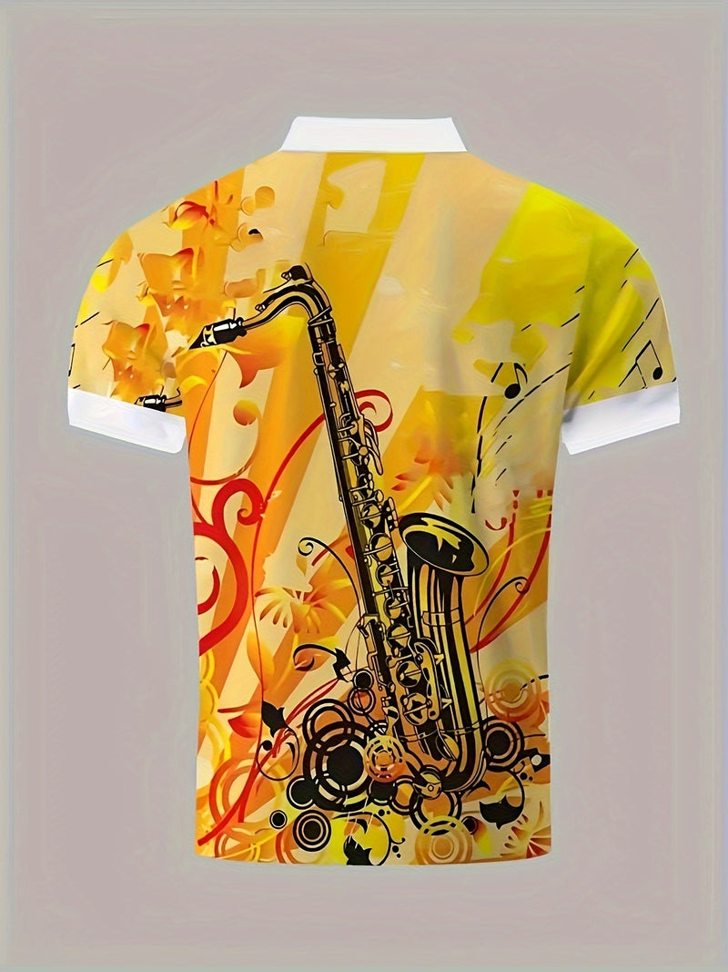 Camiseta de golfe estampada com listras gráficas de saxofone para homens, tendência de verão com mangas curtas para tênis