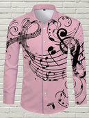 Camisa De Botão De Manga Longa Estilosa Para Homens Com Estampa De Notas Musicais, Ideal Para Primavera E Outono Ao Ar Livre.