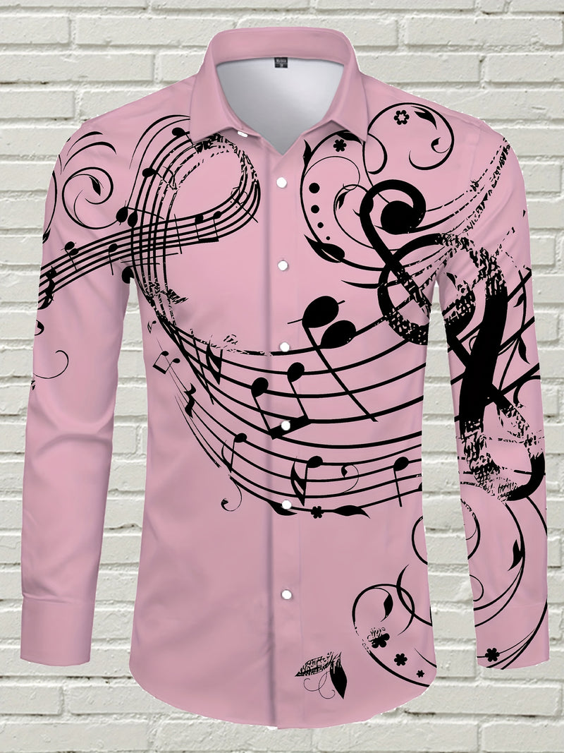 Camisa De Botão De Manga Longa Estilosa Para Homens Com Estampa De Notas Musicais, Ideal Para Primavera E Outono Ao Ar Livre.