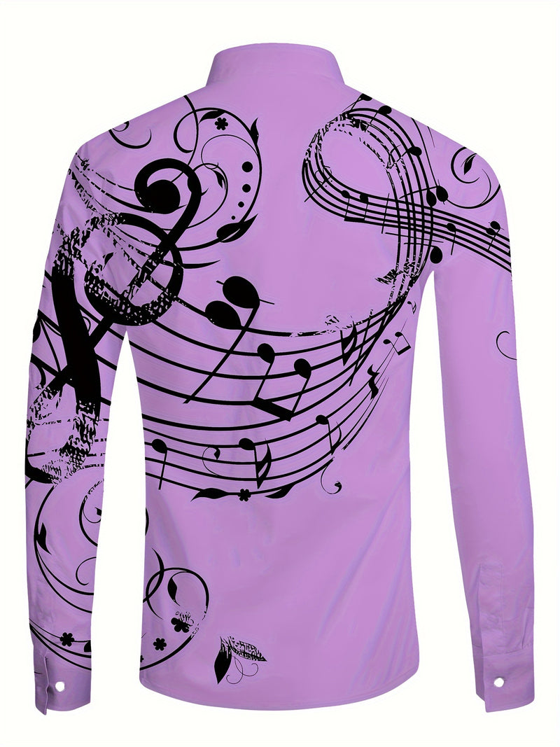Camisa De Botão De Manga Longa Estilosa Para Homens Com Estampa De Notas Musicais, Ideal Para Primavera E Outono Ao Ar Livre.