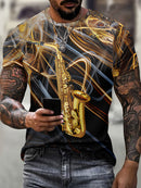 Camiseta masculina com estampa gráfica de instrumentos, manga curta, gola redonda, roupa masculina para atividades ao ar livre