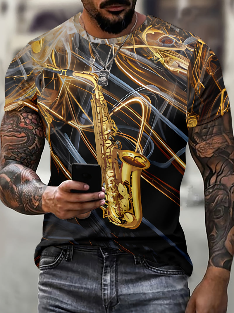 Camiseta masculina com estampa gráfica de instrumentos, manga curta, gola redonda, roupa masculina para atividades ao ar livre