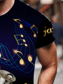 Camiseta masculina com estampa de saxofone digital 3D e notas musicais, gola redonda e mangas curtas, peça inovadora e moderna para homens, tops elegantes para lazer ao ar livre no verão
