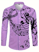 Camisa De Botão De Manga Longa Estilosa Para Homens Com Estampa De Notas Musicais, Ideal Para Primavera E Outono Ao Ar Livre.