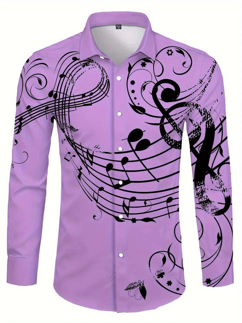 Camisa De Botão De Manga Longa Estilosa Para Homens Com Estampa De Notas Musicais, Ideal Para Primavera E Outono Ao Ar Livre.