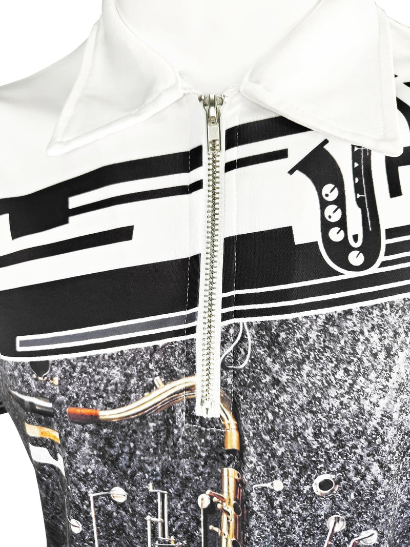 Camisetas gráficas com zíper de mangas curtas casuais para homens, com elementos musicais, gola lapela, blusas de pulôver, roupas masculinas para o verão