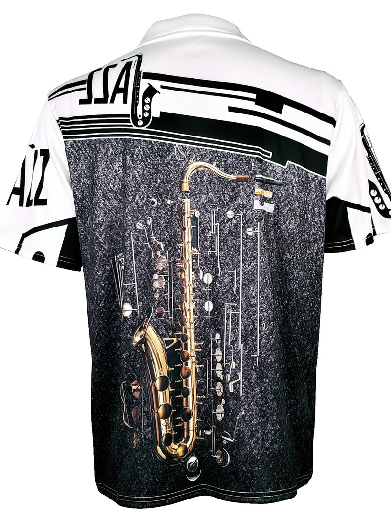 Camisetas gráficas com zíper de mangas curtas casuais para homens, com elementos musicais, gola lapela, blusas de pulôver, roupas masculinas para o verão