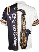 Estampa padrão de saxofone, camisetas gráficas com zíper e mangas curtas casuais para homens, tops com gola lapela e pulôveres, roupas masculinas para o verão