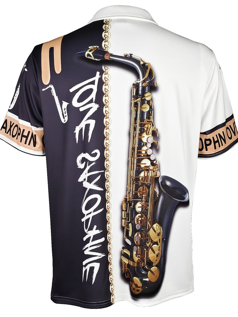 Estampa padrão de saxofone, camisetas gráficas com zíper e mangas curtas casuais para homens, tops com gola lapela e pulôveres, roupas masculinas para o verão