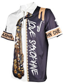 Estampa padrão de saxofone, camisetas gráficas com zíper e mangas curtas casuais para homens, tops com gola lapela e pulôveres, roupas masculinas para o verão